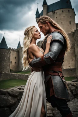 A photo realistic portrait of a stunning blonde girl and muscular long haired viking in a lovers embrace in modern clothing, standing in front of a medieval castle