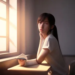 female student studying by the window, anime style, unreal engine 5, sun light, studio lighting --ar 1:1 --v 4