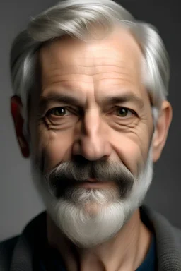 (find a new face) make a 55 years old man with short grey beard and mustache. his grey hair is streight backward pulled hair, and clear blue eyes, face without so many wrinkles