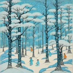 A light blue winter forest with falling snowflakes painted by Utagawa Hiroshige