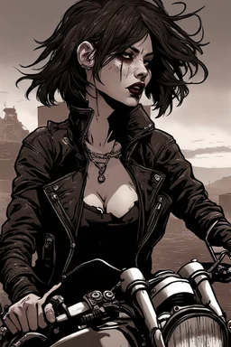 scarred vampire girl showing fangs with short cropped cyberpunk hair riding a black cafe racer motorcycle in a post apocalyptic wasteland at dusk