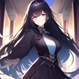 Clear focus, high resolution, black long fluffy hair, purple eyes, wearing a detailed outfit with a medium skirt