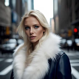 Super model blond eurasian woman with blue eyes wearing a white fur coat in a street of new-york, ultra realistic HD photo
