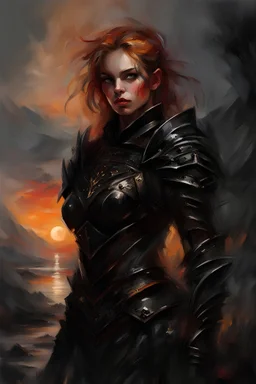 A formidable warrior girl in black armor, on the background Amazing gloomy landscape, flooded with sunset, mountains, trees, fabulous scary hero, , juicy emotions, painting, dark fantasy, gloomy day, dark world, portrait, by Anna Razumovskaya