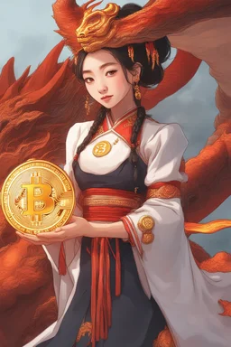 Bitcoin cryptocurrency in the hands of a traditional chinese girl, dragon