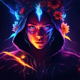 neon, abstract, amazing shadow and lightning, 4k, cinematic, glowing eyes, cosmic, face, dream, space, stars, amazing, art, glowing, fire, fantasy, crazy, ultimate, club, insane, digital painting, watercolor, flowers, pagan, runes