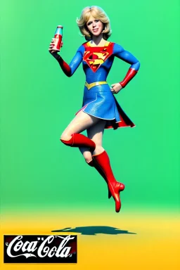 portrait, blonde, Jane Fonda, make-up, happy, coca-cola drinking, Realistic image, retro, 60s, supergirl, tights minimal dress, sweat, Color background, photo studio, concept art, smooth, unreal engine 5, god lights, ray tracing, RTX, lumen lighting, ultra detail, volumetric lighting, 3d, finely drawn, high definition, 4k.