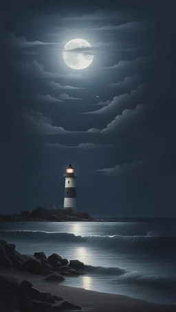 Moonlight on the shore with a lighthouse