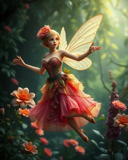 Gorgeous Digital Photography Realistic full body dress steampunk classic pixie flowers with a resemblance to Beautiful woman Tinkerbell on flying up, beauty sharp contrast colors,jungles background,digital fantasy art