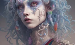 head and shoulders portrait, long blue hair, face paint, jester/clown, Takato Yamamoto artist, Akiya Kageichi artist, Jedediah Berry inspired, 8k resolution concept art portrait, dynamic lighting, hyperdetailed, intricately detailed, maximalist, beautiful, peaceful