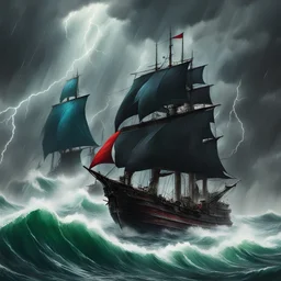 um imenso navio negro de velas azuis ao lado de um imenso navio branco de velas vermelhas ao lado de um imenso navio cinza de velas verdes em meio a uma tempestade em alto mar, raios e ondas violentas