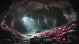 Photoreal magnificent magical view of a deep underground cavern, dimly lit by fluorescent glass roses on the ceiling, magical vapor hangs in the air, a pile of stone rubble against the cave wall by lee jeffries, otherworldly creature, in the style of fantasy movies, photorealistic, bokeh masterpiece smooth shading, ultra detailed, high resolution, cinematic, unreal 6, subtle shadows, octane render, 8k, cinema 4d, HDR, dust effect, vivid colors