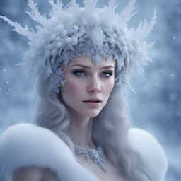 a woman with a wreath of flowers on her head, digital art, by Nikita Veprikov, fantasy art, wearing ice crystals, closeup portrait shot, the white king, gorgeous 3d render, winter concept art, high fashion fantasy, high quality fantasy stock photo, centered elven, avatar image, shot with Sony Alpha a9 Il and Sony FE 200-600mm f/5.6-6.3 G OSS lens, natural light, hyper realistic photograph, ultra detailed -ar 3:2 -q 2 -s 750