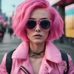 A woman with pink hair wearing sunglasses and a pink jacket, by Mike Winkelmann, still from alita, portrait of kim petras, yael shelbia, vibrant.-h 704, alternative reality mirrors, (aesthetics), chrome bob haircut, art station front page, terminals, shot with Sony Alpha a9 Il and Sony FE 200-600mm f/5.6-6.3 G OSS lens, natural ligh, hyper realistic photograph, ultra detailed -ar 1:1 —q 2 -s 750)