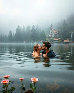 Portrait Romantic European couple swimming kissing together in lake Wonderful landscape fantasy early morning heavy fog photography art Rivendell village,lake,magical forest and houses,beautiful mushrooms,roses flowers,little waterfall,lake,close up photo beautiful romance couples on swimming together in lake