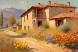 sunny day, mountains, trees, dirt road, flowers, spring, countryside, adobe house, wilfrid de glehn and rodolphe wytsman impressionism paintings