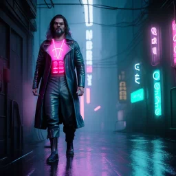 Actor, jason momoa, blade runner style, rain, fog, neon ambient, gradient color, clean skin, circuits, latex coat, cyber punk, neon, tubes, portrait, photo studio, unreal engine 5, smooth color, 16 bit, god lights, ray tracing, RTX, lumen lighting, ultra deatail, volumetric lighting, 3d, finely drawn, hd.