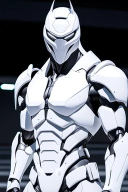 Anime the same photo but wearing a white superhero suit with a lite modern armour