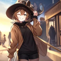 Clear focus, High resolution, short brown spiky hair, hair between eyes, eyes closed, wearing a brown detective hat, wearing a brown jacket and a black shirt, wearing black shorts, 1girl, pulling hat down, smiling, wearing a oversized hoodie