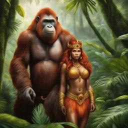 Two characters in the heart of the rainforest: the majestic female orangutang Queen, half woman, half monkey. Her fiery auburn hair and her diadem shimmered in the light while her wise amber eyes met her muscular bodyguard gaze with a mixture of curiosity and wisdom. The Queen exuded an aura of grace and command.