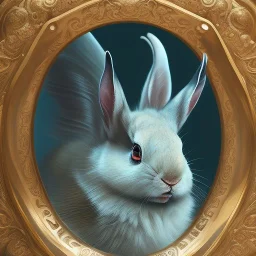 fantasy magic, sharp focus, illustration, highly detailed, digital painting, concept art, art germ and Paul Lewin and Kehinde Wiley, masterpiece silver rabbit head bronze turquoise golden waves