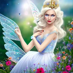 fantasy fairy with transparent wings, smiling, make up, long platinum blond hair with crown and flowers, blue dress, flowers background