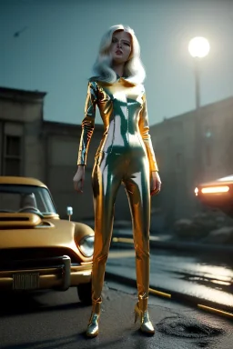 Ultra Realistic retro sci-fi, 1960 year, levitating all cars and a young blonde woman quiet, latex suit, soft color, highly detailed, unreal engine 5, ray tracing, RTX, lumen lighting, ultra detail, volumetric lighting, 3d, finely drawn, high definition, high resolution.