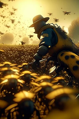 A cowboy Bee Leader riding a a majestic bumblebee in fight gear, wings outstretched, charges into the battlefield surrounded by swarms of anxious honeybees, cinematic, Arriflex, Imax, Cinematic color grading, post processing effects, 70mm, action shot still, motion effects, extremely detailed extremely detailed