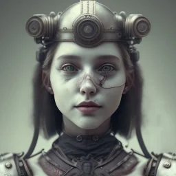 a cute smiling girl in medieval armor with a tattoo in her face, michelangelo style, steam punk, scary, horror, realistic, made in octane, cinematic, ultra-realistic, extremely detailed octane rendering, 8K, VRAY Super Real ar 2:3, dof photorealistic futuristic 50mm lens hard lighting dark gray tintype photograph, realistic lighting, sephia colors