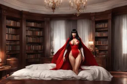 photorealistic Vampirella in a bedroom with wooden furniture, bookcases and opulence