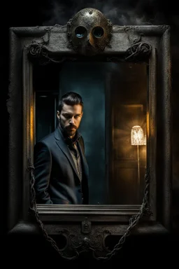 the camera see a man and mirror, the man see yourself or others in mirror, surreal mood, cracked glass, metal, cold and dark colors, nightmare, gateway into other side, monster, shadows, sinister, dark dream, high detailed, sharp focus, masterpiece