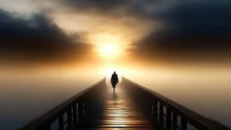 walking straight ahead over a wooden bridge, holding the angel of death with your right hand, entering the fog at the end of the road that leads to the afterlife, and a beautiful sunset and galaxy's behind the fog, realistic