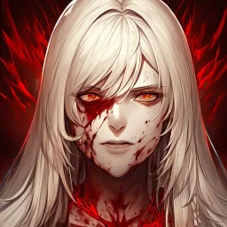 Goodness, Blood splatter, battle wounds, female, portrait, max detail, hd, Long hair, dark souls style, detailed eyes, eye color blue