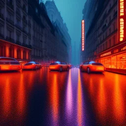 Cyberpunk street view in night, Paris, rain, ground reflection