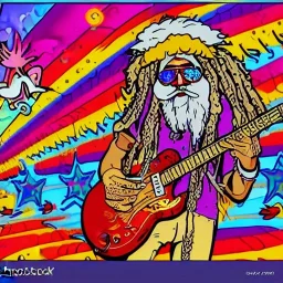 TRIPPY, ACID, LSD, WOODSTOCK, hippie Santa playing electric guitar, psychedelic, peace sign, MUSHROOMS, dreadlocks