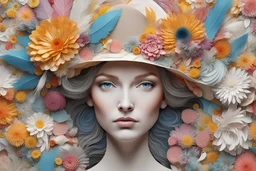 Surreal artwork 3D colorful detailed paper patchwork of a portrait of a woman with a hat and flowers and feathers, made exclusively of flowers and dandelions Beautiful ornaments style by Kathryn Abel, Stephen Gibb, Ernst Hackel, sharp quality, high definition The woman has the most beautiful eyes and facial expression, The eyes are detailed in a human-like way, stunning, mesmerizing, visionary art + still life + figurative art, mesmerizing motifs, a collection of different flowers, blossoms, a
