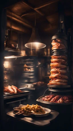 Si-Fi, The permanent under atmospheric lighting effects, , Shawarma cooking place where meat stacked in a cone-like shape on a vertical rotisserie.intricate historical moody atmosphere, eerie grimdark ambiance, complex motherboard accents, speculative fiction art. Bokeh