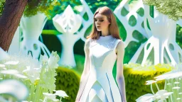 A beautiful young woman in an abstract creative white cutout dress, standing in an English garden. <lora:MJ52:0.6>