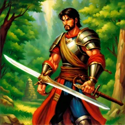 fantasy 90's tcg art of a heroic swordsman