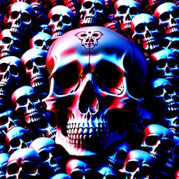 a picture of a dark, comedic, anatomically correct wall of red white and blue tightly packed stacked cyborg skulls of varying sizes and expressions, photo realistic, insanely meticulous, highly detailed, part of a collection of bones on display, 64k, dystopian, vray