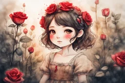 double exposure, merged layers, painted and burned burlap, cute chibi contented brunette anime red rose flower princess in a flowergarden, melting watercolor and black ink outlines on wet paper, soft, shading strokes, in sunshine, ethereal, otherwordly, cinematic postprocessing, bokeh, dof