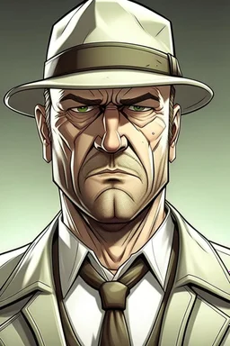 Draw me a white-skinned, middle-aged GTA character who is mechanical. He should have a GTA mark, he should be tall, he should have a hat, and he should have Angolem written on his hat.