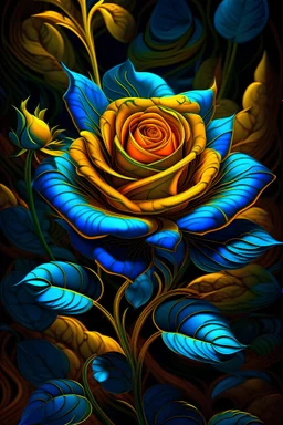 A neon blue and gold rose in the middle of a large wilderness in modern art style