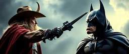 Gandalf cowboy vs Batman as a cow, movie poster