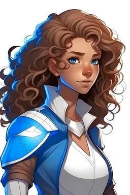 GALE ALORA age 24Brown curly hair Brown eyes Light brown skin superhero oufit white and blue can contule the wind