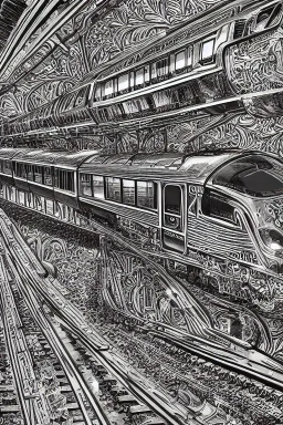 Insanely detailed intricately detailed meticulously detailed hyperdetailed black outline of a train on gold and silver paper, high contrast, beautiful landscape, detailed full-color, nature, HD photography, Tishk Barzanji, autoCAD