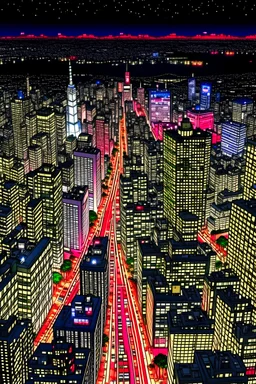 looking down on tokyo at night in the style of hiroku ogai