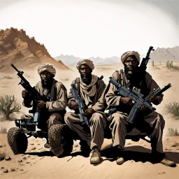 make a picture of 3 poor looking black men in a desert. they are in afghanistan. behind them is a raided village they are holding rifles. they look very very dangerous and have long white beards. they have ak47 rifles. They are sitting on an atv driving to the right