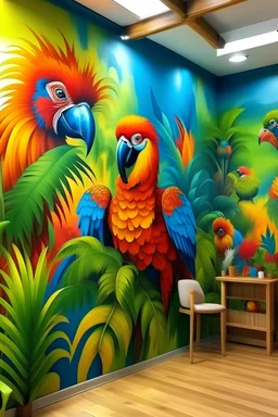 Create a hand-painted wall mural of a tropical carnival, featuring vibrant parrots, exotic fruits, and carnival masks, with a lively and festive ambiance."