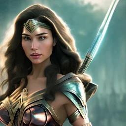 Wonder woman posing in front of a giant insect, futuristic design, a paradise in background, close-up face, geometric armor, female face, 3d unreal engine, black face, close up armor, church detail, lovely face